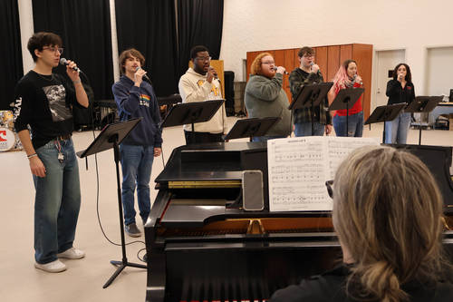 Students rehearsing in recently renovated Sizer Rehearsal Studio